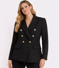 NWT H M Black Textured Weave Blazer Jacket L Double Breasted Gold Buttons Tweed