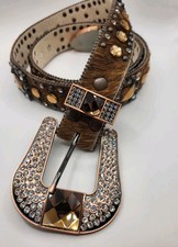 NOCONA Bling Genuine Calf Hair Brown Leather Rhinestones Studded Belt 49" Unisex