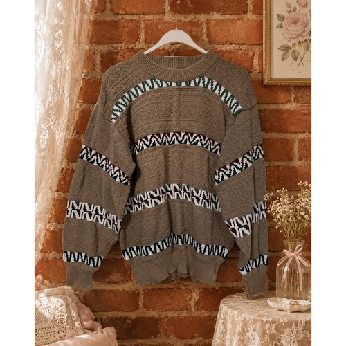Sears Roebuck, Vintage Sears Roebuck Mens Brown Geometric Cotton Knit Crewneck 90s Sweater M