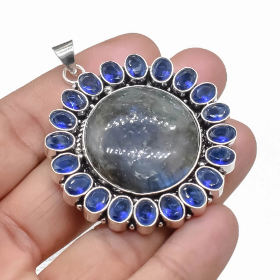 Colgante de joyería de plata de ley 925 hecho a mano con piedras preciosas de labradorita tamaño-2" Foto 2 de 4