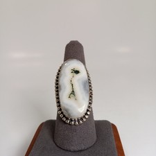 Sterling Silver 925 Large Oval White Green Moss Agate Ring Size 8