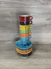 Pier 1 One Demitasse Espresso Coffee 6 Cups Saucers Rainbow Stacked In Stand Set
