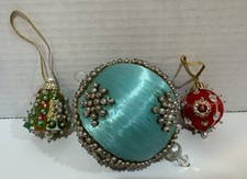 Vintage Lot Of 3 Ornate Push Pin Beaded Satin Christmas Ball Ornaments