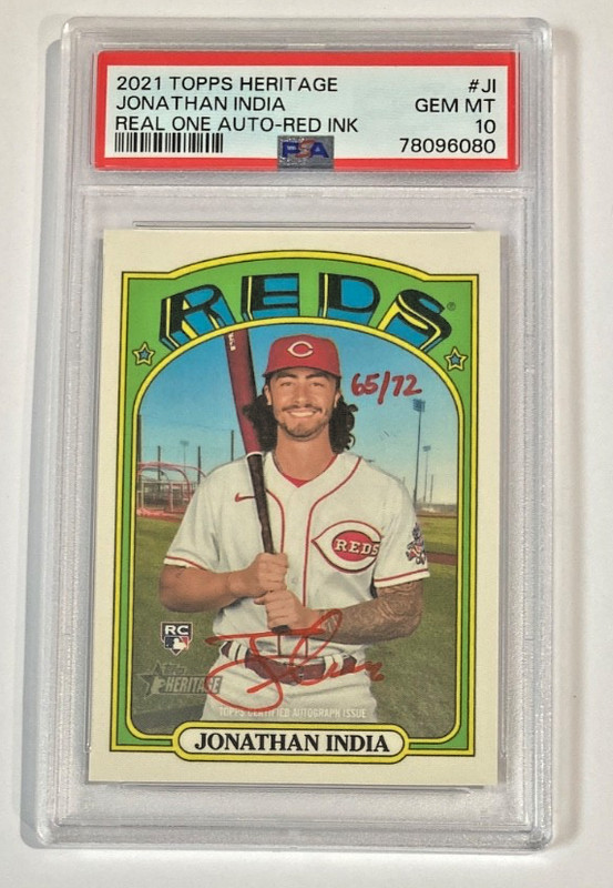 2021 TOPPS HERITAGE JONATHAN INDIA ROOKIE RED INK AUTO SP #/72 PSA GEM MT 10