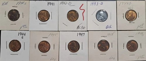 1940S,1941,1942D,1943D,1944D,1944S,1945,1947,1948,1949S, Wheat Cents, UNC/BU