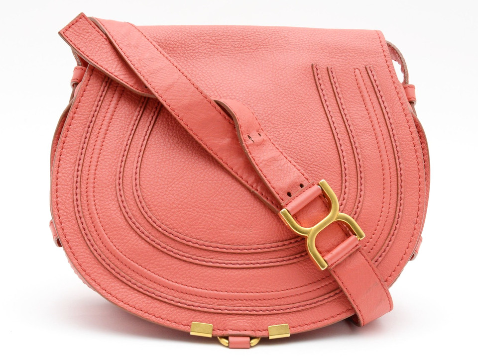 Chloe [Rank A] Marcie Saddle Crossbody Shoulder Bag Purse Leather Pink Orange