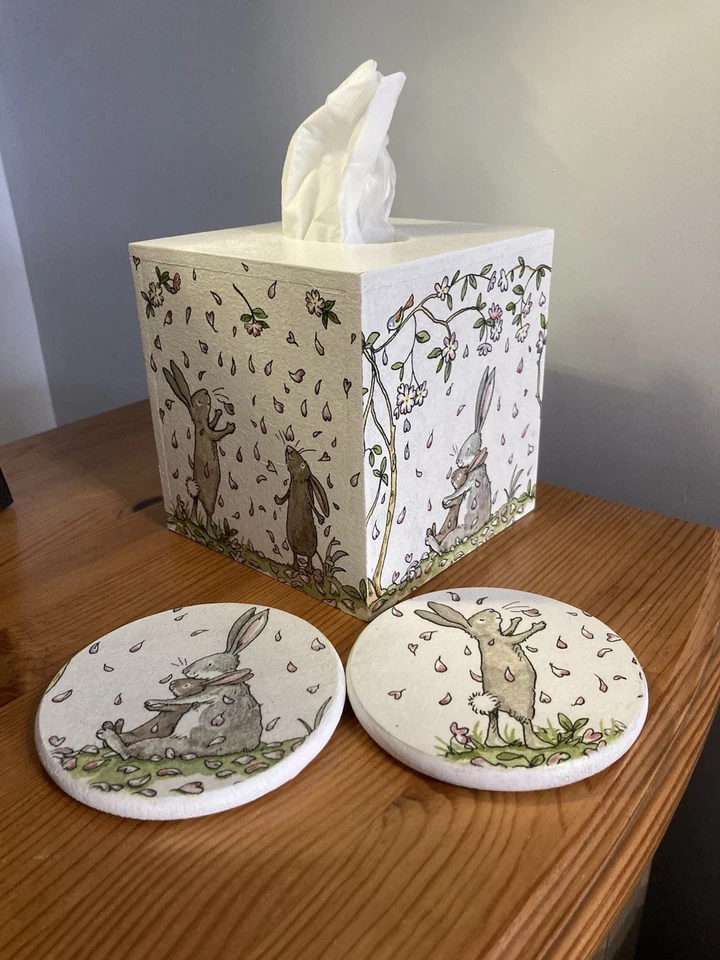 Wooden MDF tissue Box Cover Set With 2 Matching Coasters Ideal For A Nursery NEW - Image 1 of 4