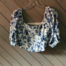 Abercrombie Fitch Blue Floral Corset Puff Sleeve Top XS 140-403-0788-208