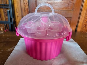 Pink Plastic Flower-Shaped Cupcake Holder with Carrier and Lid