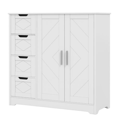 Bathroom Storage Floor Cabinet with Adjustabl Shelf, 4 Drawer Freestanding White - Picture 11 of 18