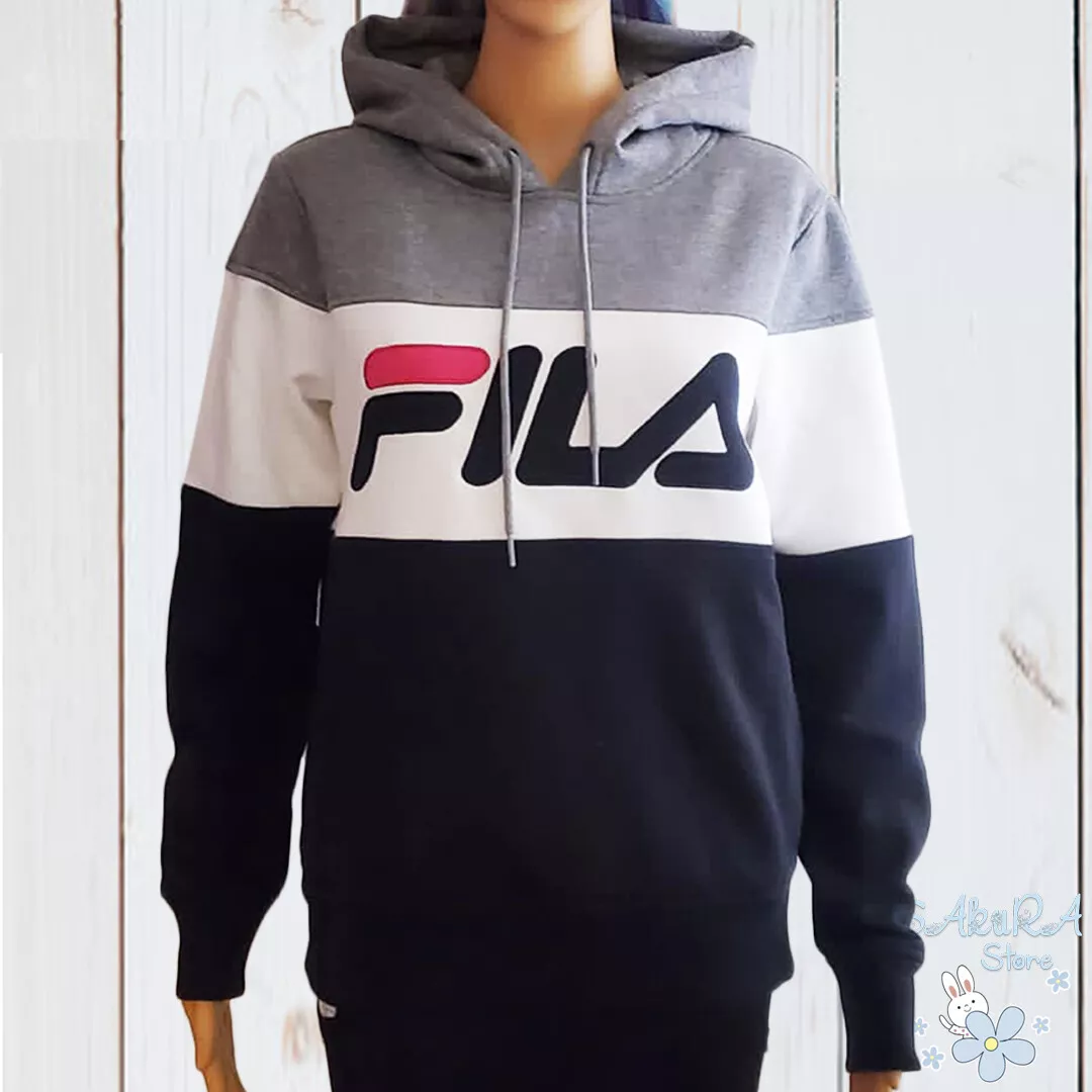 NWT FILA AUTHENTIC WOMEN S GRAY COLORBLOCK HOODIE LONG SLEEVE SWEATSHIRT