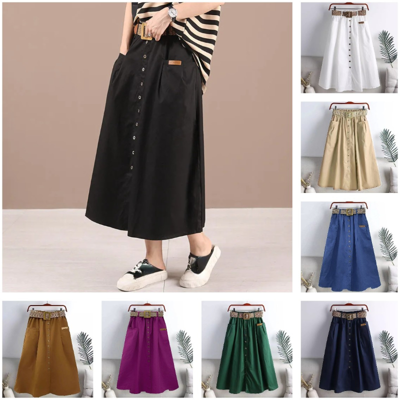Women A-line Skirt High Waist Cotton Slit Half Dress Midi