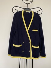 Celine Vintage Dark Navy Yellow Trim Thick Wool Blazer Cardigan 40 M Uk 10 12