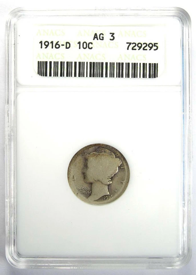 1916-D Mercury Dime 10C Coin - Certified ANACS AG3 - Rare Key Date! - Image 2 of 4