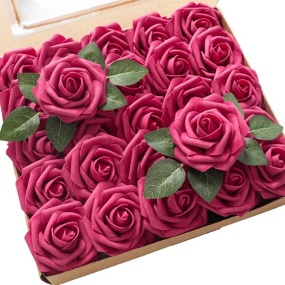 Artificial Flowers 50Pcs Real Looking Fuchsia Foam Fake Roses with Stems for DIY