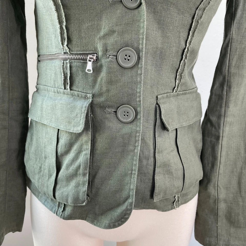 Chaqueta Sisley Mujer 38 Pequeña Verde 100% Lino Lino Bolsillos Foto 4 de 4