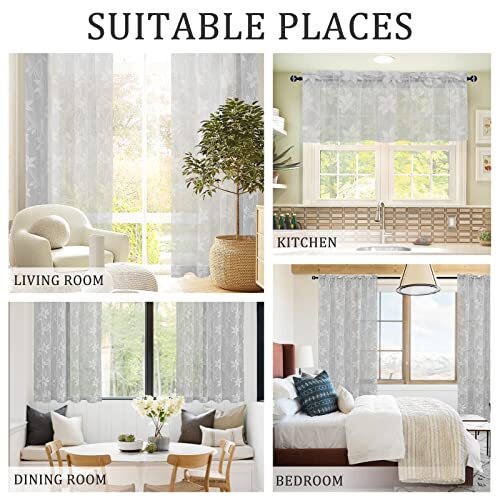 2 Pack Lace Valances for Kitchen - Elegant Floral Design Rod 42x18 Lace Grey - Picture 6 of 6