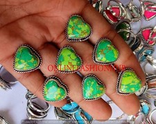 Green Turquoise Gemstone 925 Sterling Silver Plated Handmade Heart Lot Rings
