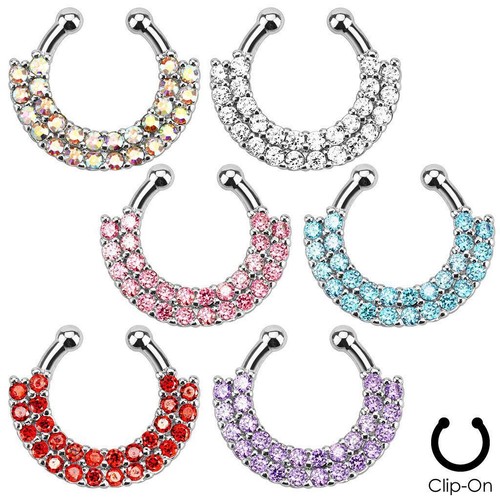 Clip On Fake Septum Clicker Non Piercing Nose Ring Hoop Cubic Zirconia CZ - Picture 7 of 7