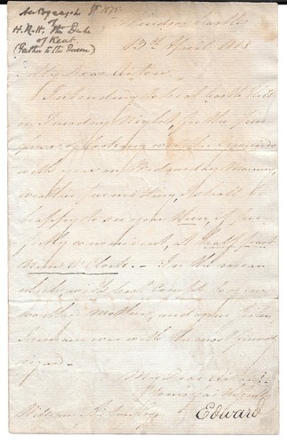 AUTOGRAPH LETTER EDWARD AUGUSTUS DUKE OF KENT FATHER OF QUEEN VICTORIA
