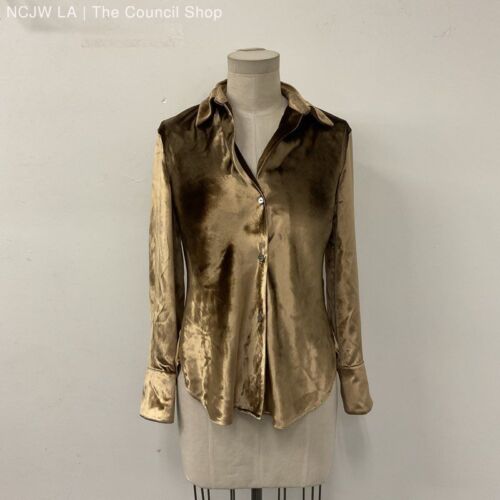 Vince Beige Metallic Gold Velvet Bias Shirt Blous… - image 1
