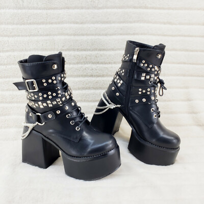 Ocho Black Ice Multipile Strap Platform Chunky Block Heel Ankle Boots 