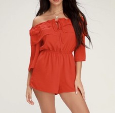 Jack by BB Dakota Showstopper Off Shoulder Ruffle Romper Red XS