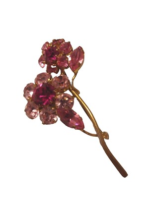 Vtg. Austrian Pink Crystal Faceted Floral Brooch, Gold Tone