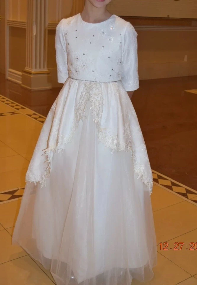 Vestido de Ocasión Especial para Niñas, 8-12 Años Vestido Swarovski, Blanco/Marfil, Manga 3/4 Foto 2 de 4