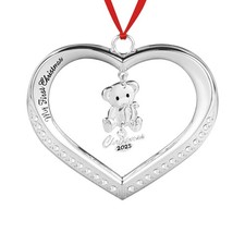 Baby's First Christmas Ornament 2025, Silver Heart with Hanging Teddy