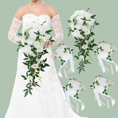 Elegant White Wedding Bouquets Set of 5 for Bride & Bridesmaids