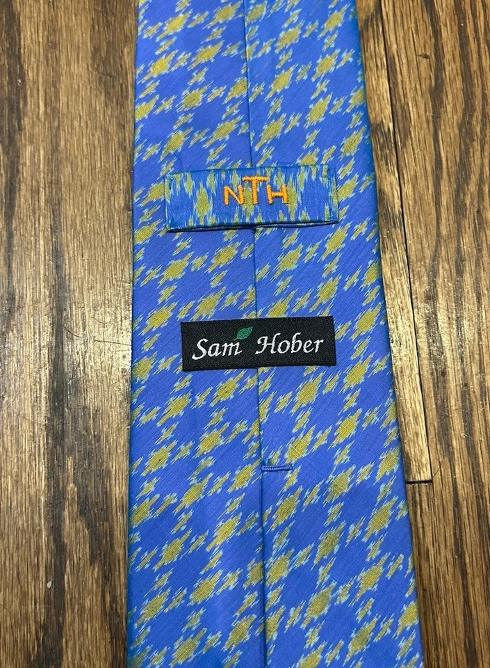 Corbata de seda Sam Hober en perfecto estado, hecha a mano, azul claro con pata de gallo amarilla Foto 2 de 3