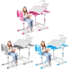 Pink/Blue/Gray Height Adjustable Kids Desk Chair Set Study Table w/ Lamp, Drawer