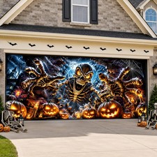 Needa One Evil Skeleton Halloween Garage Door Banner 6x13FT, Pumpkin Cover