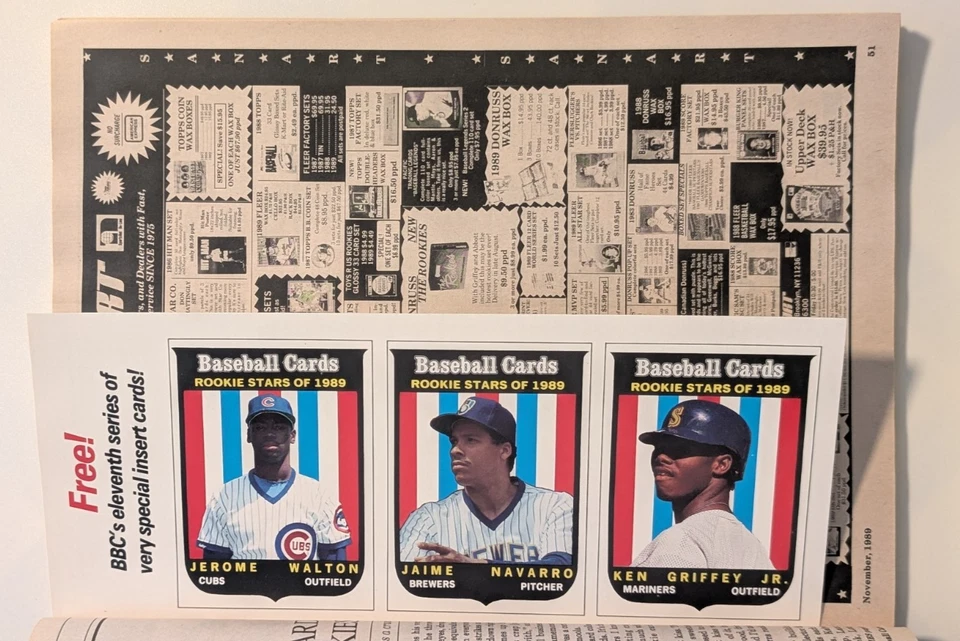 KEN GRIFFEY JR. ON COVER BASEBALL CARDS MAG. NOV. 1989 & UNCUT ROOKIE CARD - Image 2 of 4