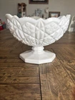 Vtg Press Cut Kemple "Toltec" White Milk Glass Oval Footed Compote Bowl Dish