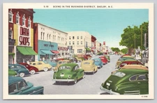 Vintage Linen Postcard Scene Business District Shelby NC 1930s