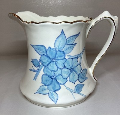 Harry Webb Signed Hand painted White Pitcher Blue Flowers Gold Trim