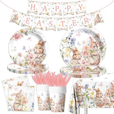 Easter Bunny Decorations-142Pcs Floral Bunny Tableware Happy Easter Plates an...