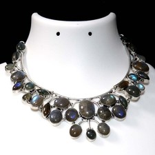 Exclusive Big Cluster Fiery Labradorite 925 Silver Plated Necklace 16