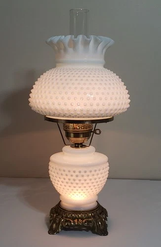 Vintage Hurricane Lamp White Milk Glass Hobnail 19" - 21 1/2" Tall - Rewired