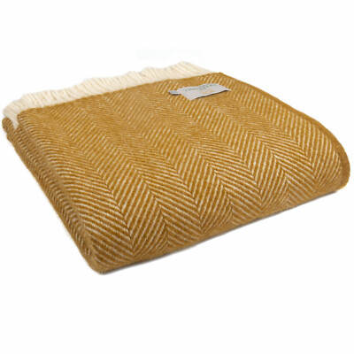 TWEEDMILL TEXTILIEN ÜBERWURF 100% Wolle Schlafsofa Decke FISHBONE ENG SENF & CREME