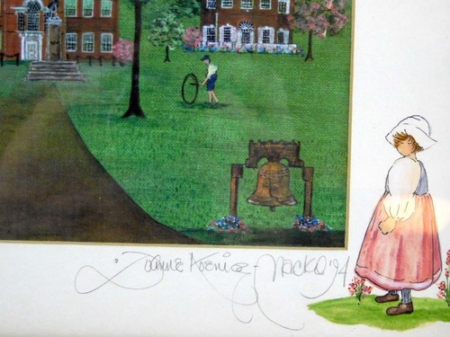 Estampado artístico firmado con buenos recuerdos de Filadelfia 4/500 94 acuarela niña en muy buena condición - Imagen 5 de 12