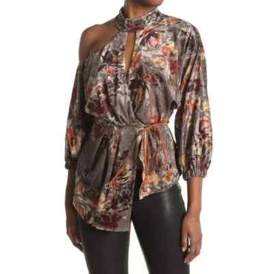 NEW Allen Schwartz Women Mulberry Asymmetric Velvet Burn Out Wrap Dress Blouse