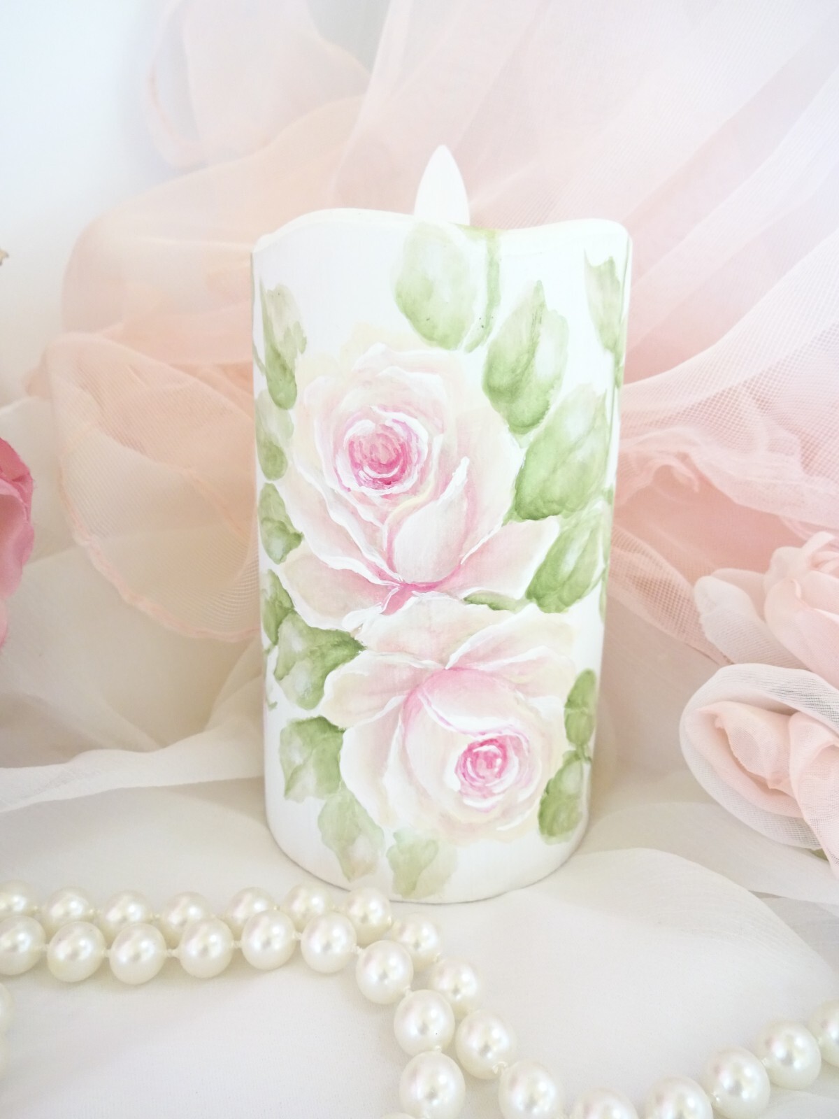 PINK ROSES BO TIMER PILLAR CANDLE Hand Painted DAS hp chic shabby ...