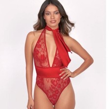 NWOT Frederick's Of Hollywood Elodie Red Satin Bow-Tie Teddy Medium Sm  V-Day