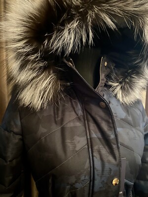 NEW Puffer Jacket Camouflage Fox Fur Hood S Faux Down Blue Gray