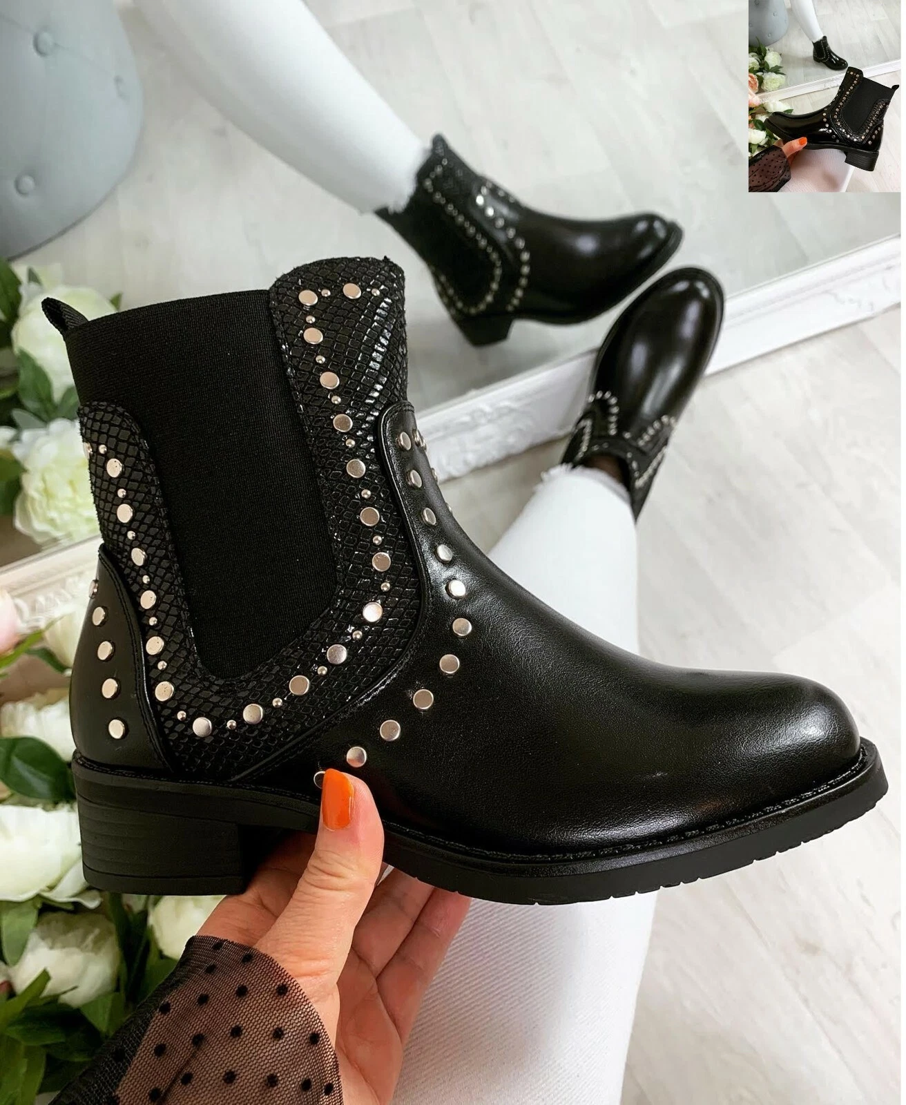 Women Ankle Chelsea Boots Ladies Block Heels Low Flats Studded Office Shoes Size