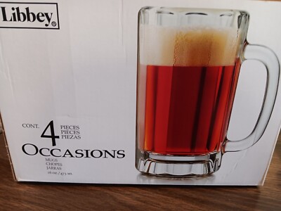 (SET OF 4 GLASSES) LIBBEY 16 oz CLEAR PANELLED OCCASIONS BEER MUGS, MADE IN USA