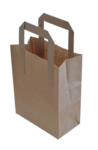 100 x Kraft Paper SOS Carrier Bags Brown with Flat Handles / Takeaway / Gifts - Zdjęcie 1 z 1